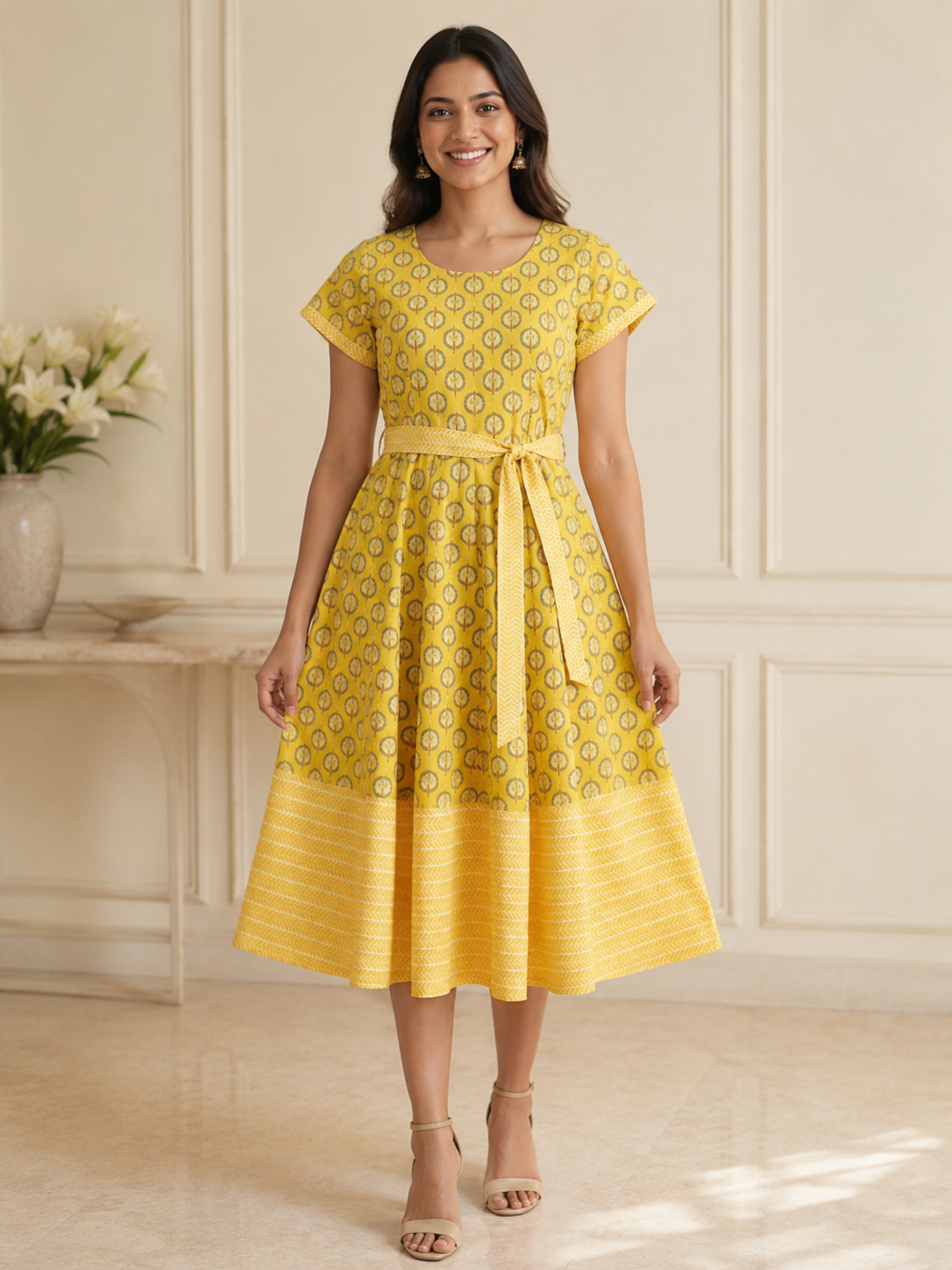 Mustard Yellow Printed Cotton A-Line Midi Dress