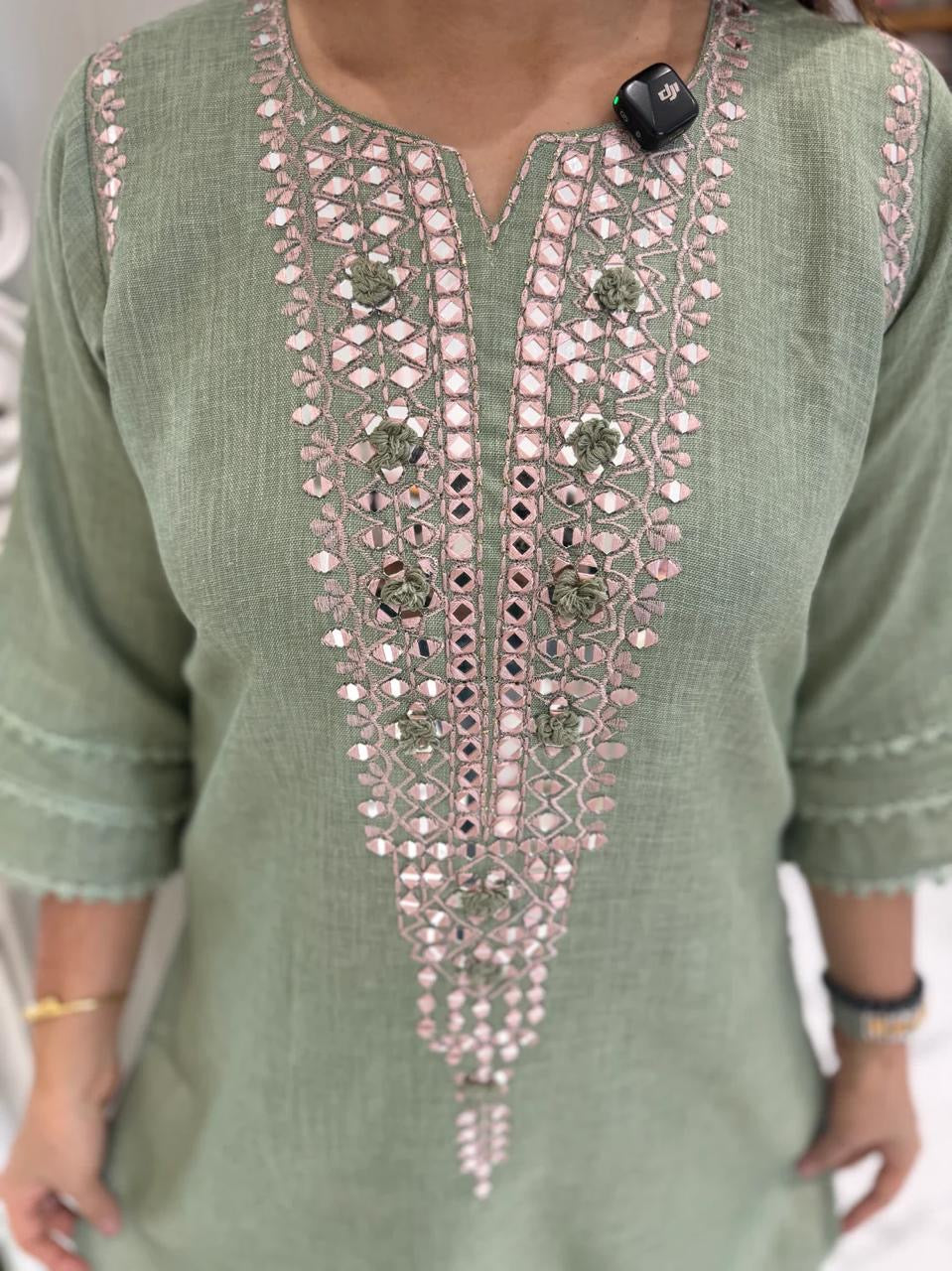 Sage Green Mirror-Embroidered Kurta & Palazzo Set