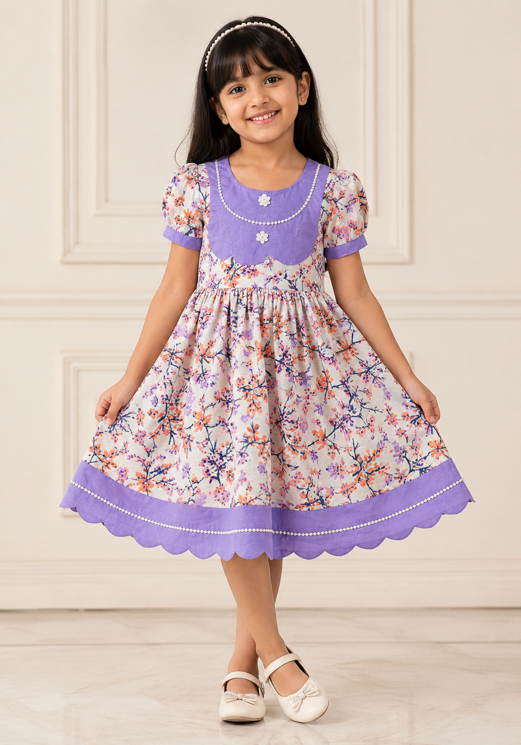 Lavender Floral Printed Party Dress for Girls