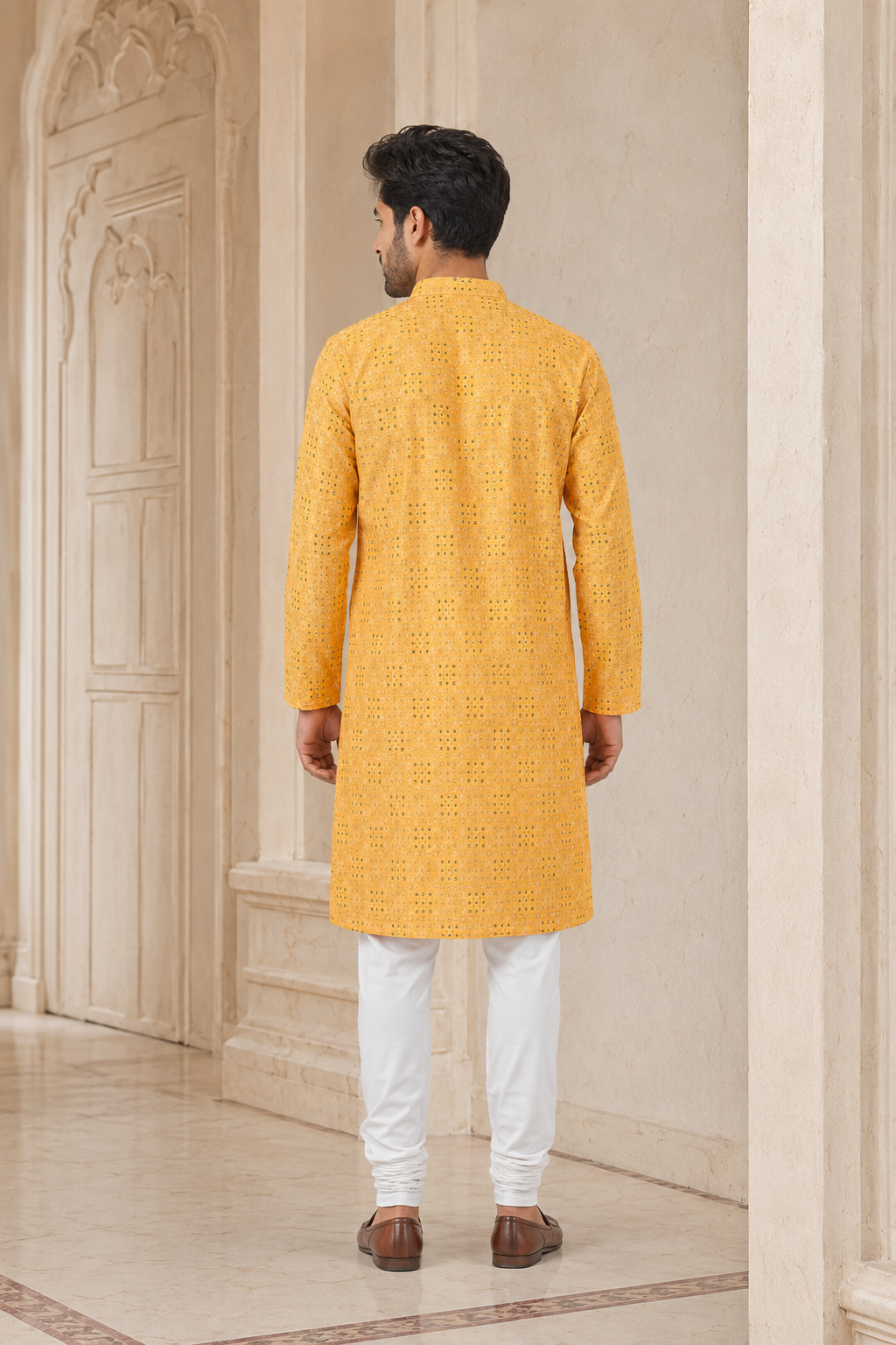 Mustard Yellow Printed Cotton Kurta for Men