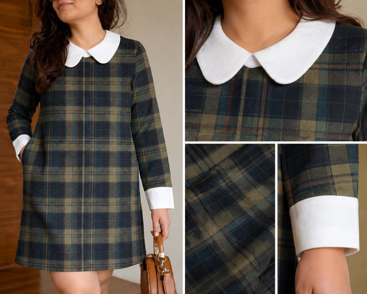 Navy Blue Plaid Check A-Line Mini Dress