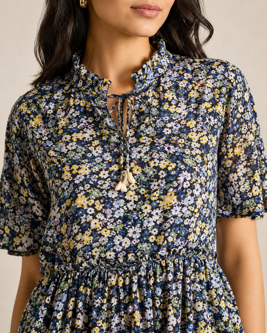 Navy Blue Floral Printed Peplum Top