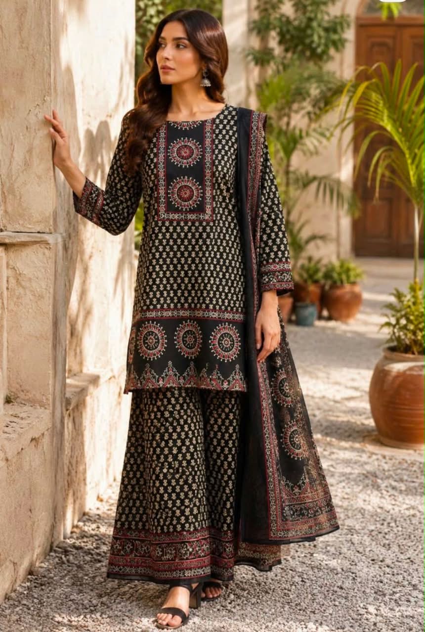 Block Printed Short Kurti with Flared Sharara & Dupatta Set