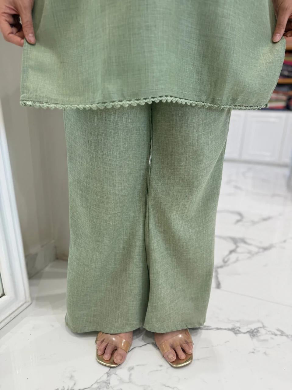 Sage Green Mirror-Embroidered Kurta & Palazzo Set