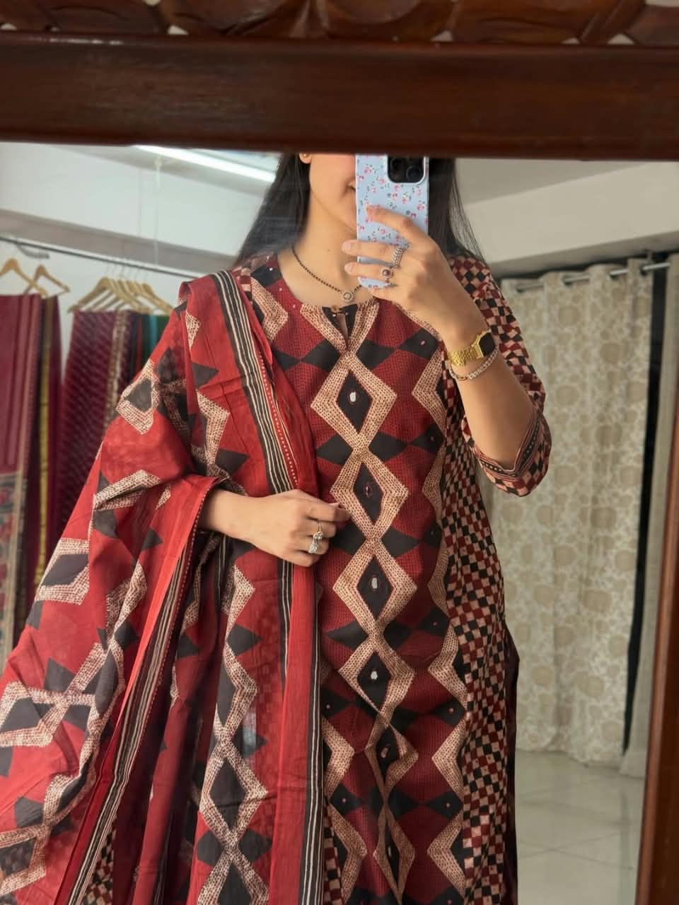 Geometric Print Kurta Set with Dupatta in Maroon & Black