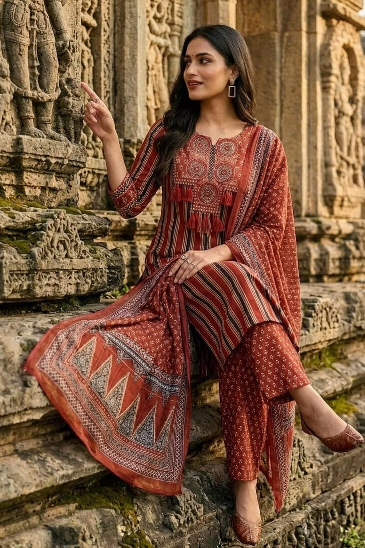Rust Red Printed Kurta Set with Tassels & Dupatta