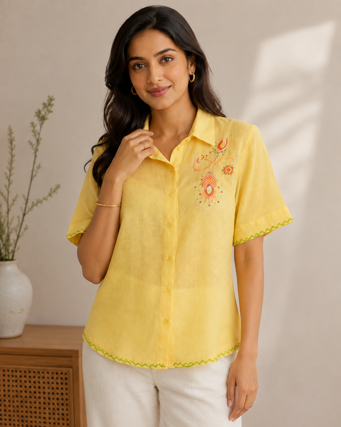 Yellow Hand Paint & Embroidered Collared Button-Down Tunic for Women