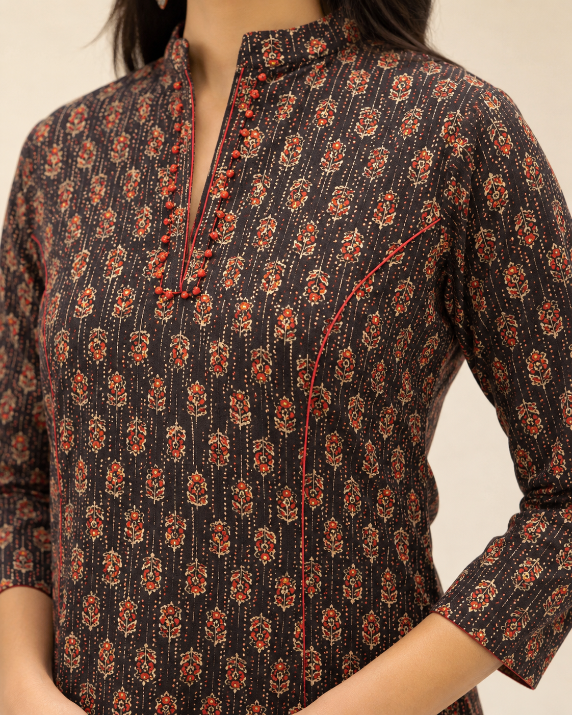 Embellished Brown Floral Printed Straight Kurti