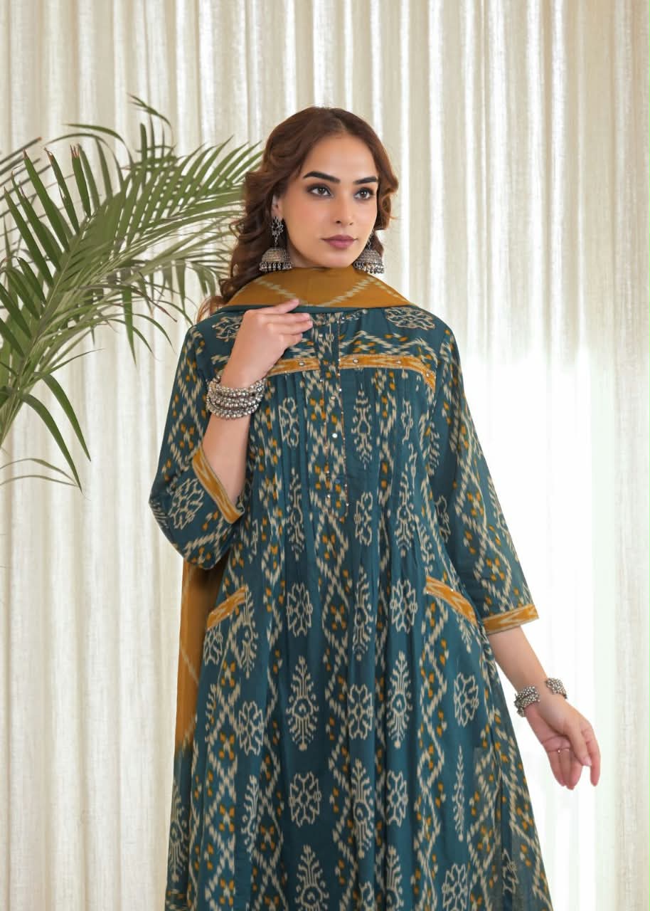 Teal Green Ikkat Printed Kurta Set with Pockets & Mustard Dupatta