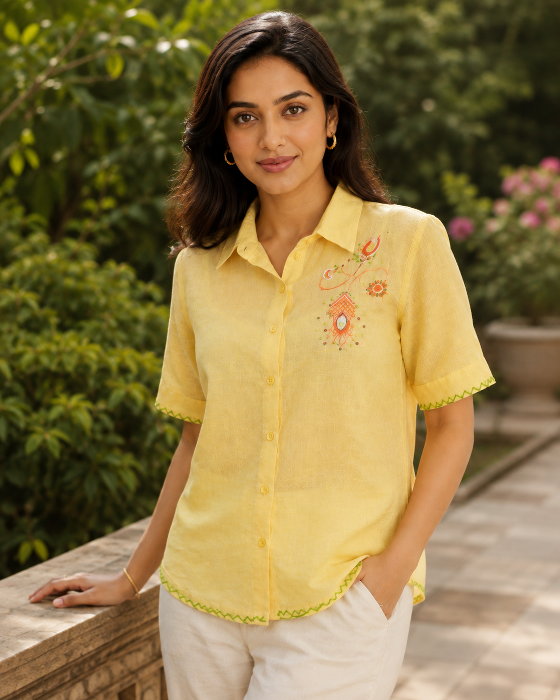 Yellow Hand Paint & Embroidered Collared Button-Down Tunic for Women
