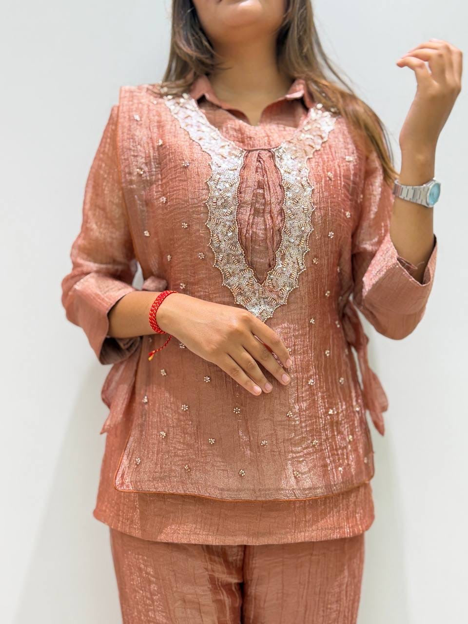 Textured Shimmer Co-Ord Set with Embroidered Vest