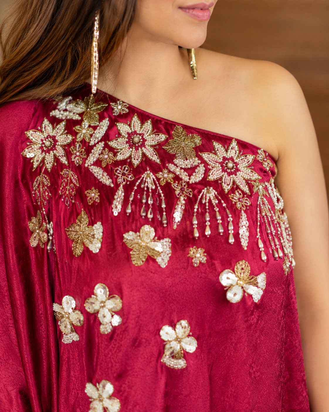 Magenta Floral Embroidered One-Shoulder Draped Dress
