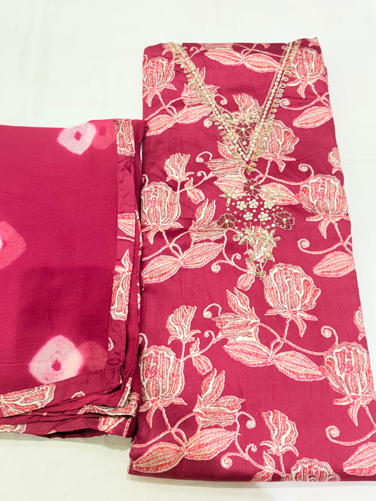 Plum Pink Floral Embroidered Semi-Stitched Suit with Dupatta