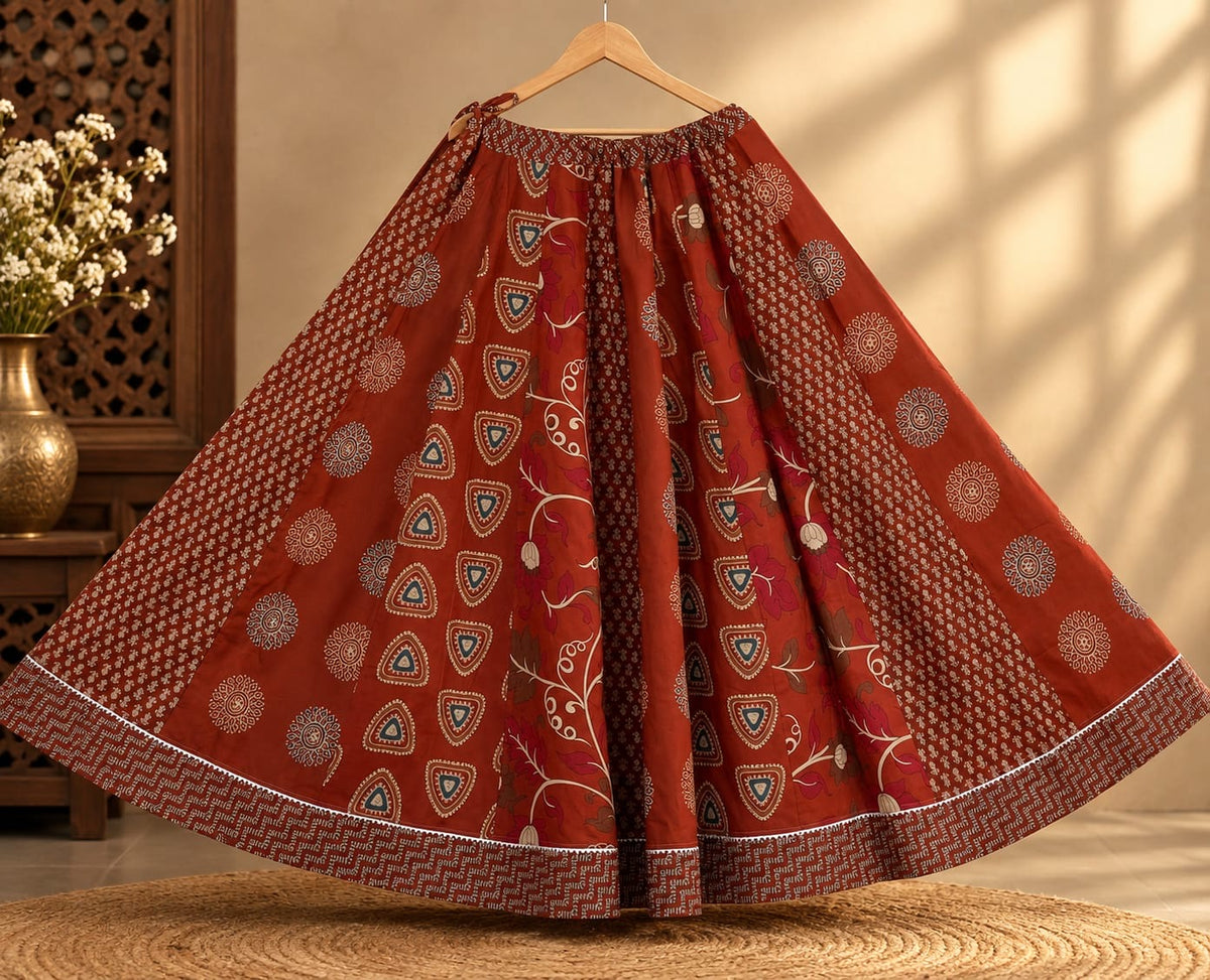 Maroon Red Ajrakh Printed Kalidaar Skirt