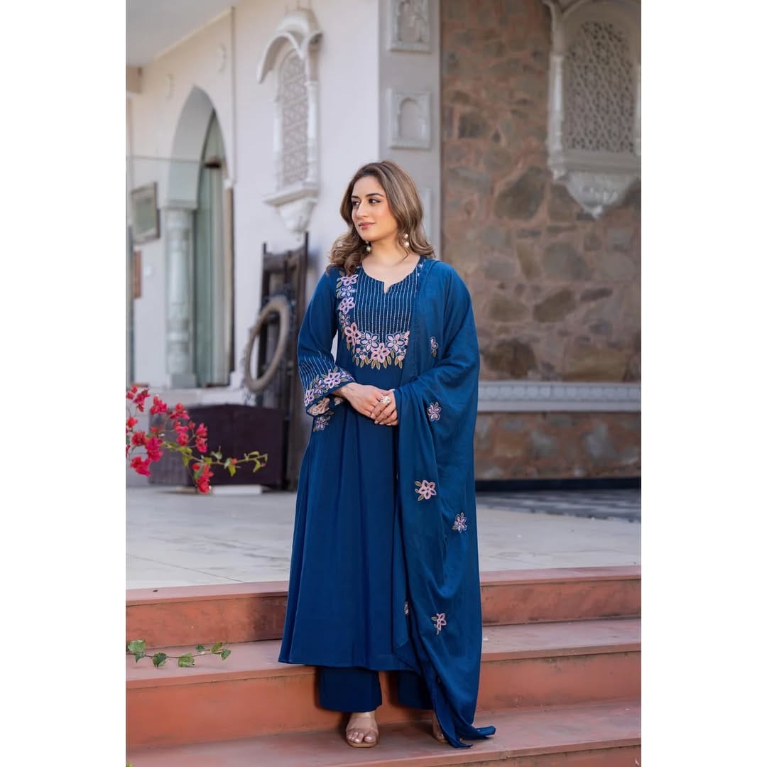 Blue Premium Embroidered Cotton Suit Set with Pockets
