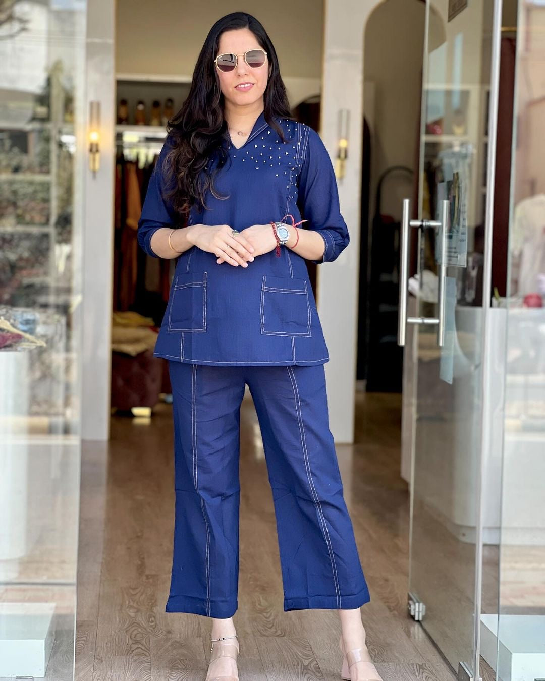 Navy Blue Contrast Stitch Co-ord Set with Pearl Detailing