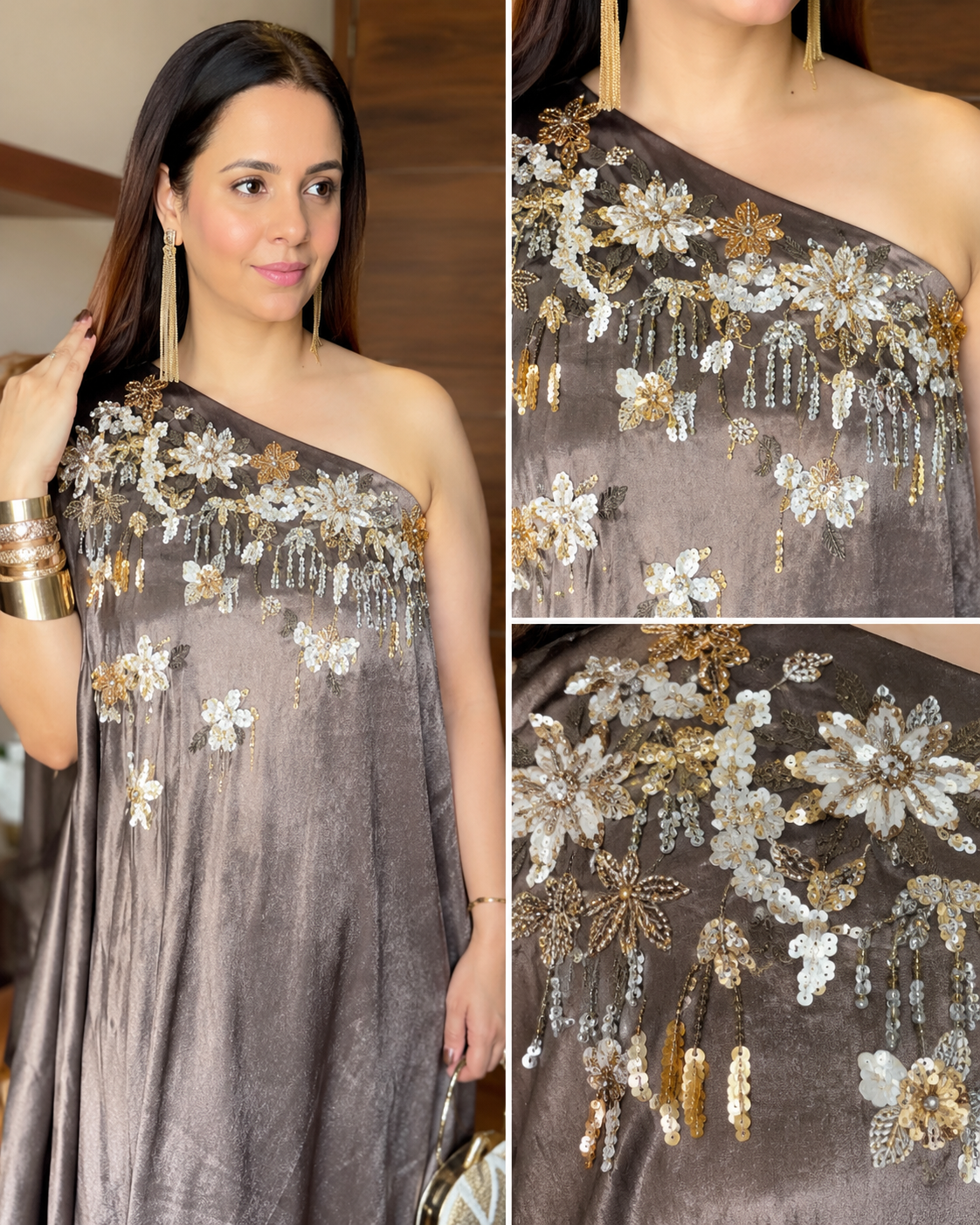 Charcoal Grey Floral Embroidered One-Shoulder Draped Dress