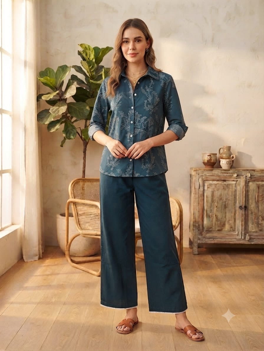 Blue Elegant Geometric Cotton Co-ord Set