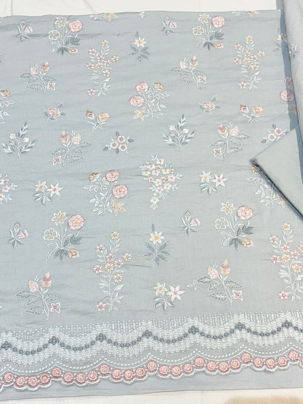Powder Blue Floral Embroidered Semi-Stitched Suit with Dupatta