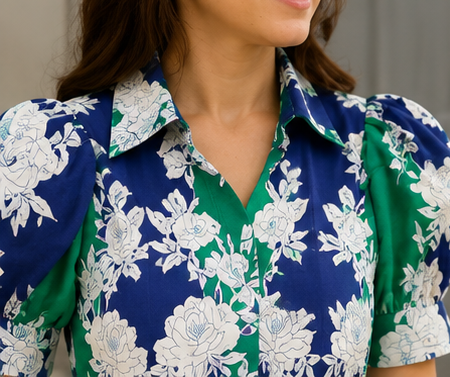 Green Blue Floral Print A-Line Midi Dress for Women