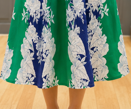 Green Blue Floral Print A-Line Midi Dress for Women