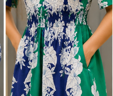 Green Blue Floral Print A-Line Midi Dress for Women
