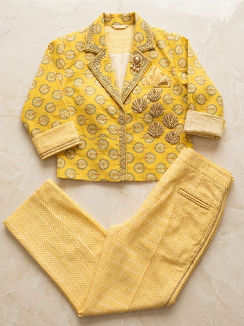 Yellow Printed Blazer Pant Co-ord Set