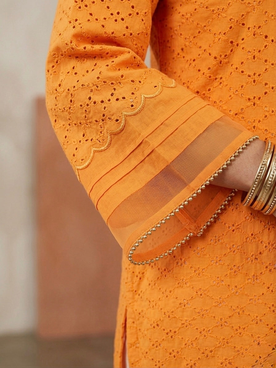 Orange Embroidered Cotton Kurta with Pants