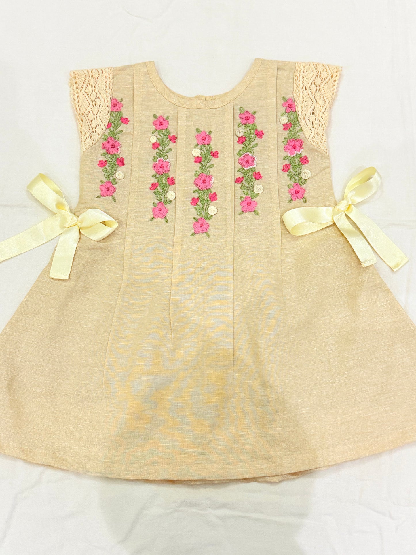 Beige Floral Embroidered Party Dress for Girls