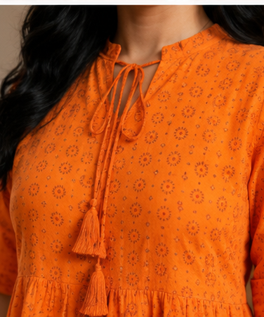 Orange Printed Tiered Midi Dress for Women