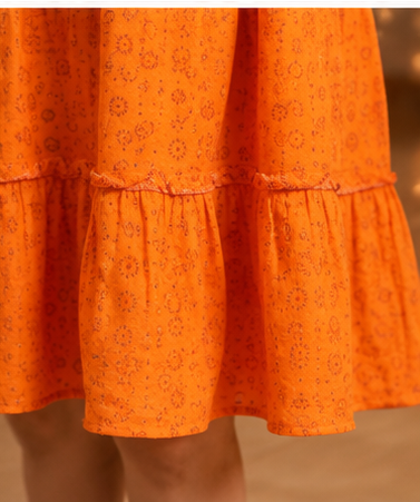 Orange Printed Tiered Midi Dress for Women
