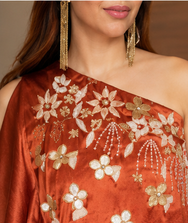 Rust Orange Floral Embroidered One-Shoulder Dress