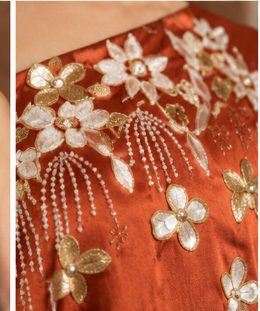 Rust Orange Floral Embroidered One-Shoulder Dress