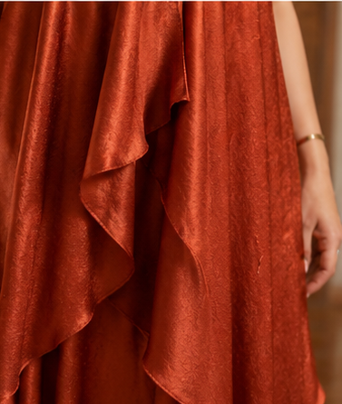 Rust Orange Floral Embroidered One-Shoulder Dress