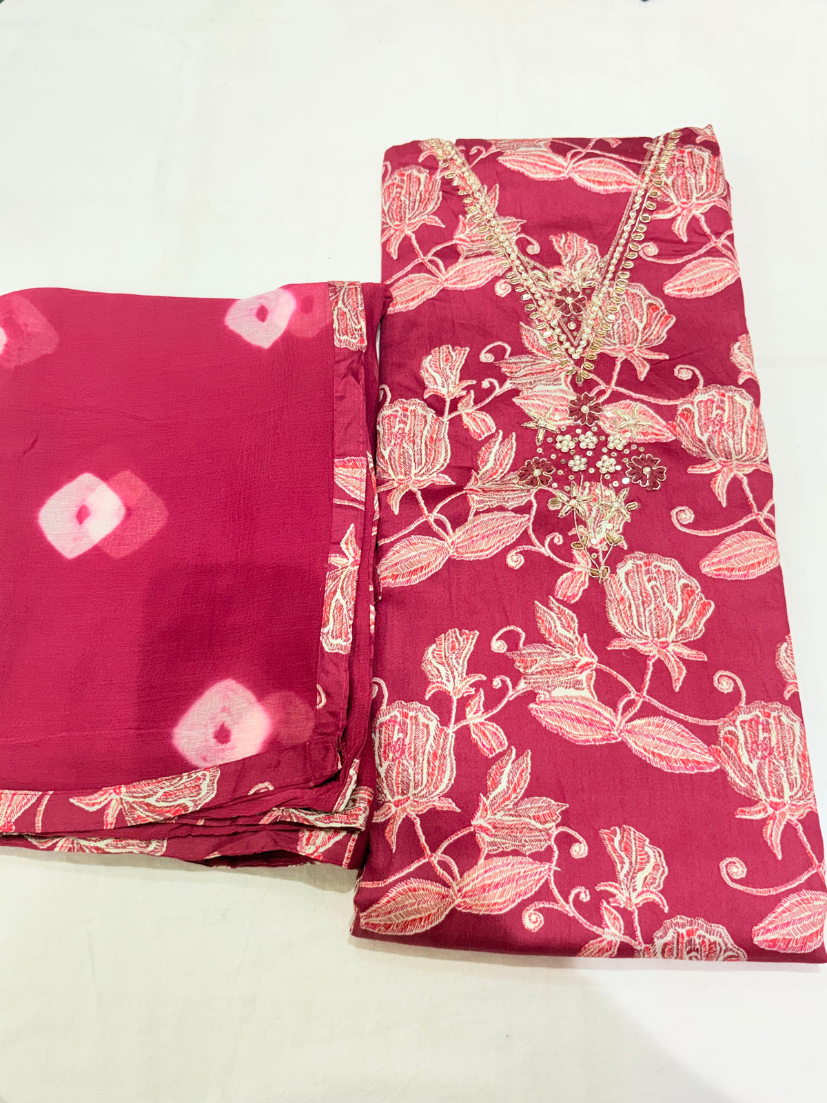 Plum Pink Floral Embroidered Semi-Stitched Suit with Dupatta