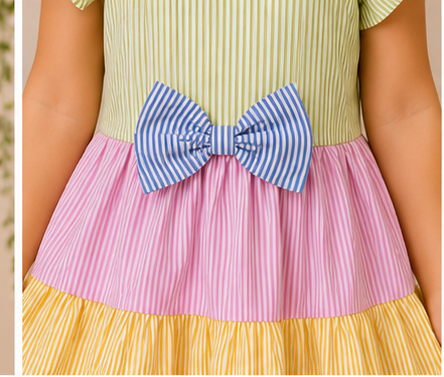 Multicolour Striped Bow Cotton Dress for Girls