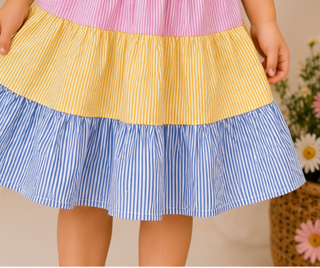 Multicolour Striped Bow Cotton Dress for Girls