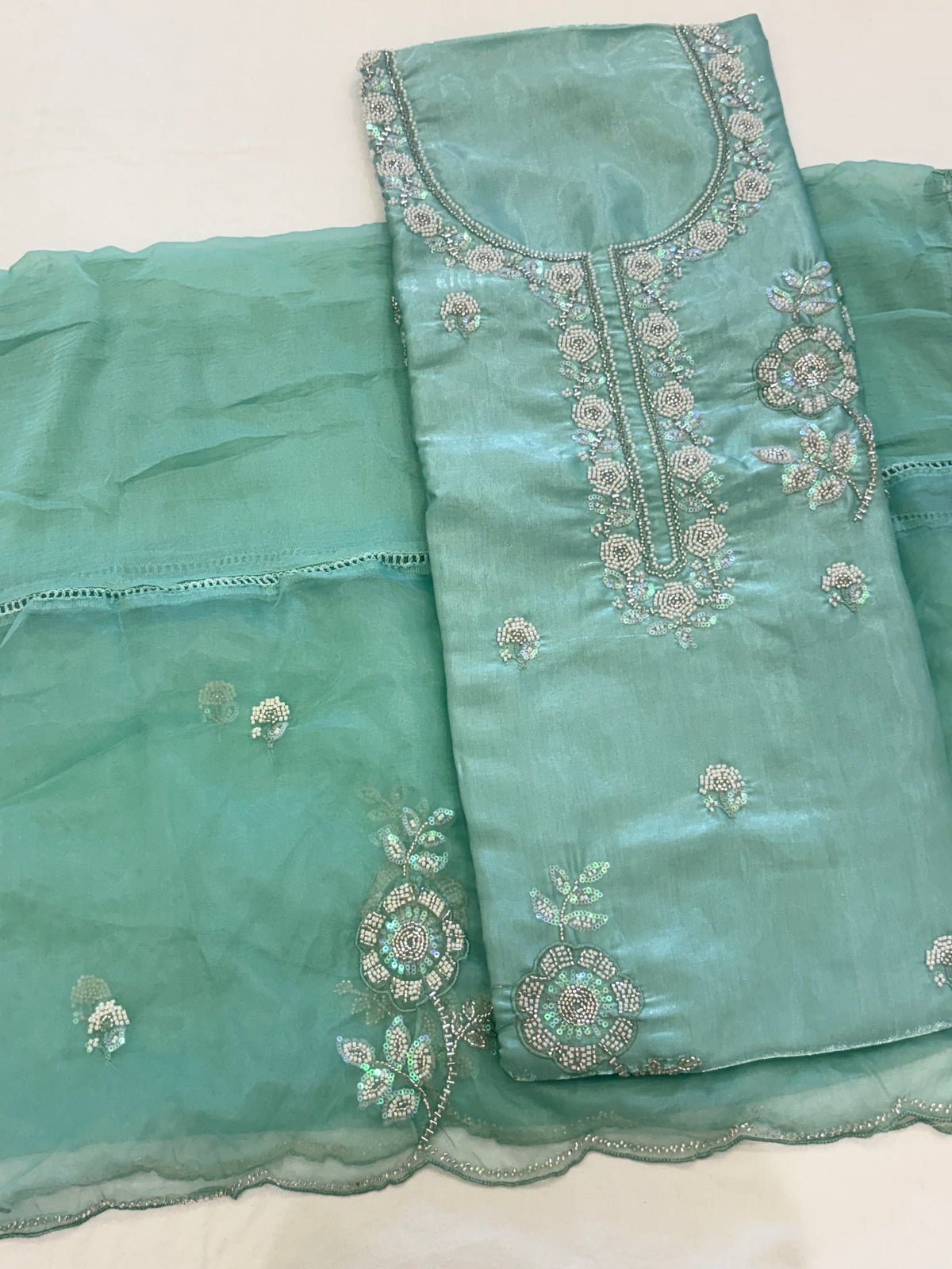 Sea Green Embroidered Semi-Stitched Suit with Dupatta
