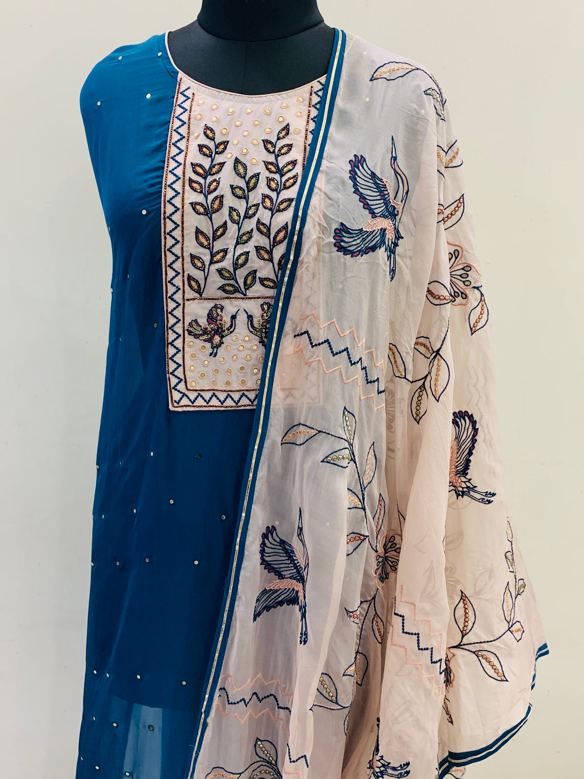 Teal Blue Embroidered Semi-Stitched Suit with Printed Dupatta
