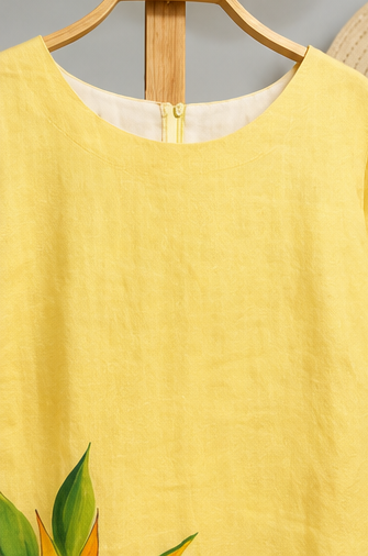 Yellow Hand-Painted Sunflower A-Line Dress for Women