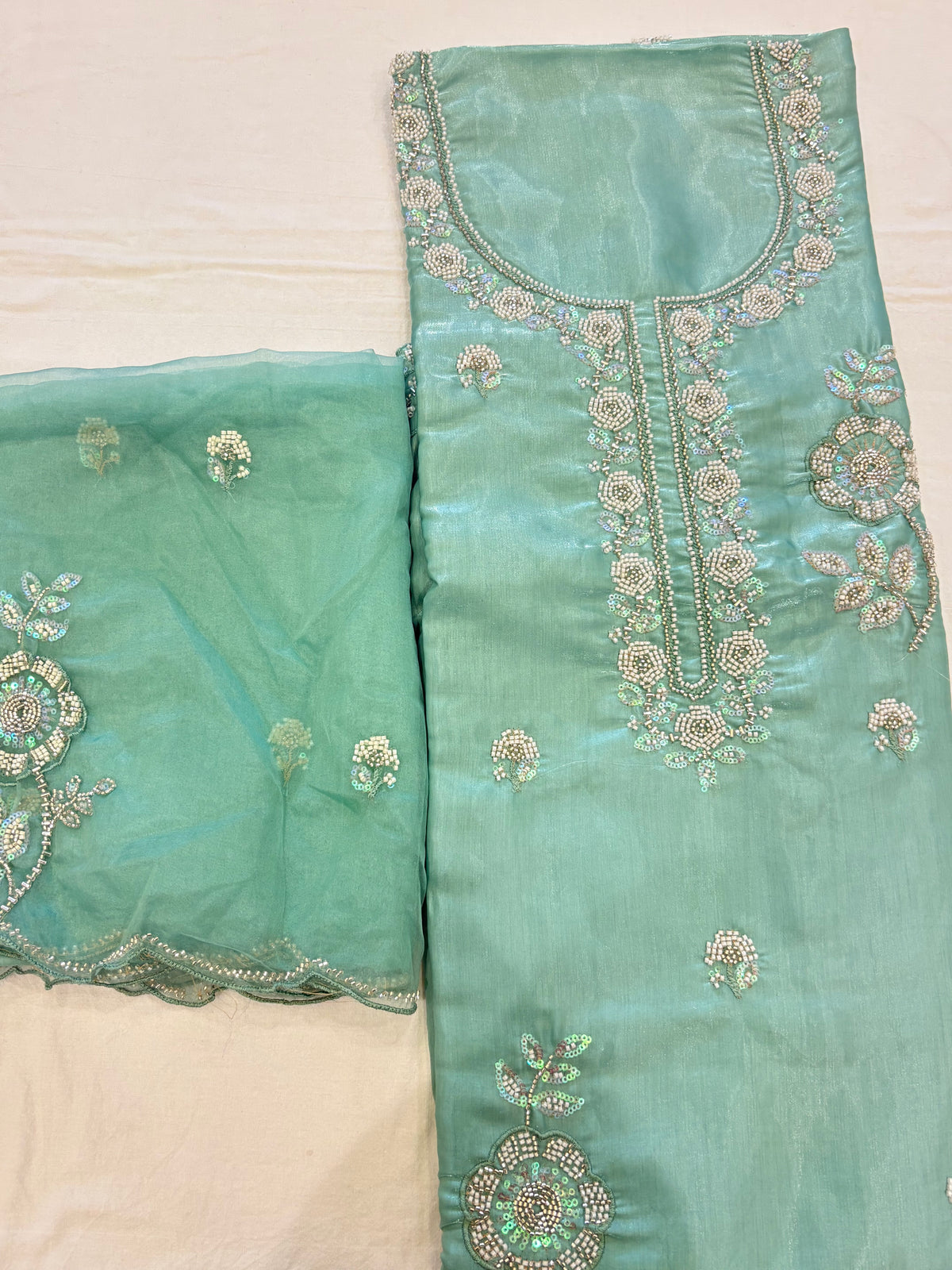 Sea Green Embroidered Semi-Stitched Suit with Dupatta