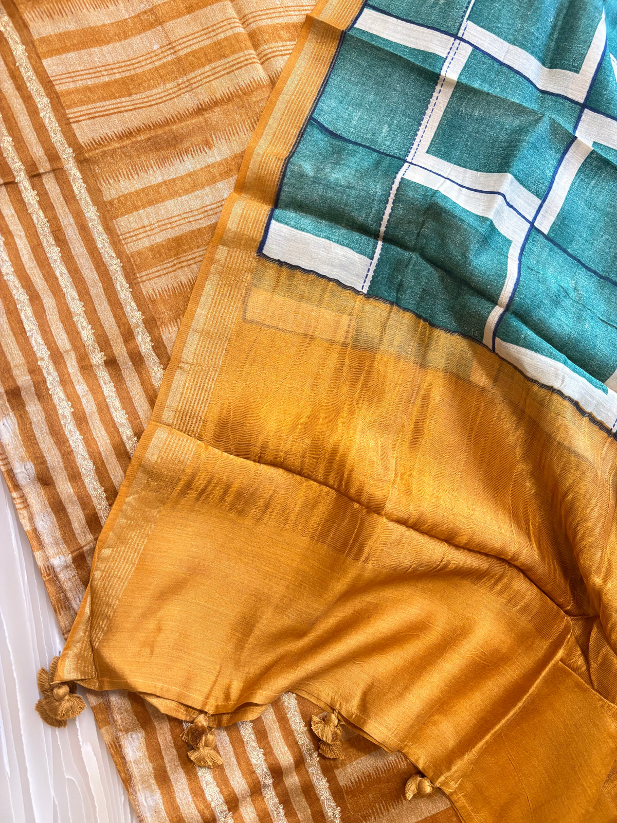 Mustard Teal Checked Semi-Stitched Suit with Dupatta